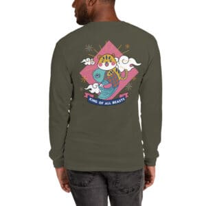 A man wearing a long sleeve t-shirt with an image of a person and clouds.