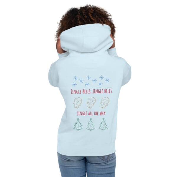 A person wearing a white hoodie with different designs on it.