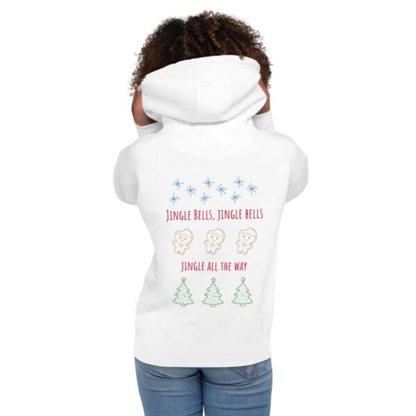 A person wearing a white hoodie with a design on it.